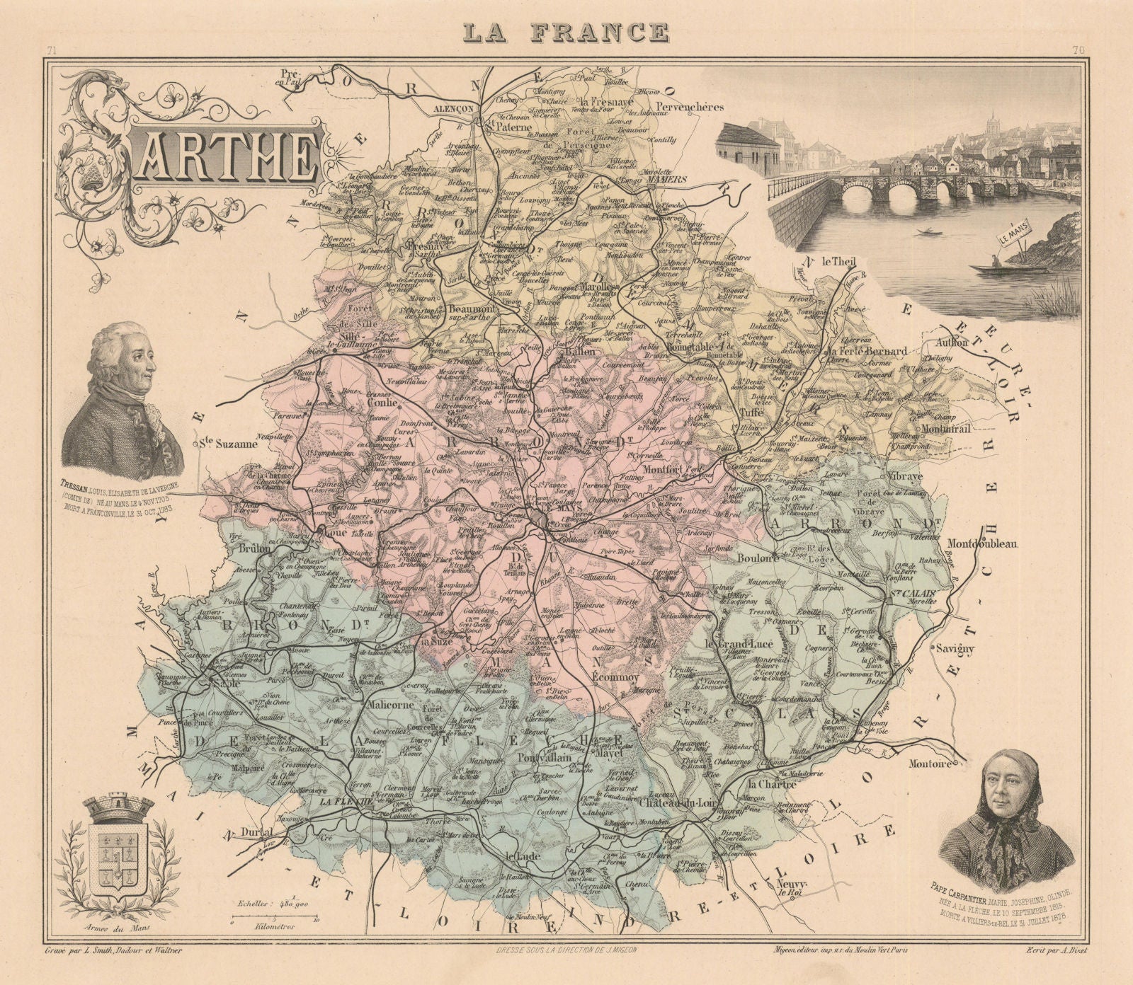 Sarthe département. Le Mans vignette. Vuillemin 1890 old antique map chart